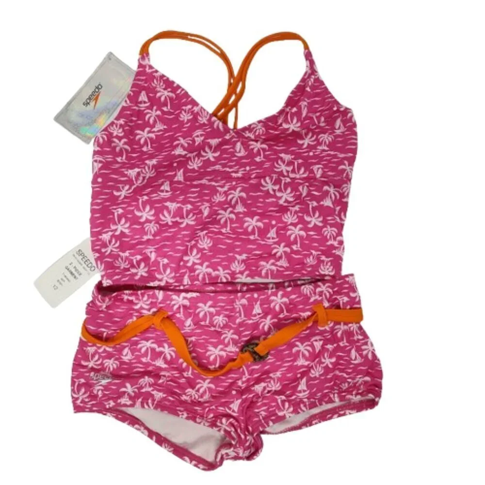Speedo Tropical Breeze Girls Swimsuit 2 Piece Size 12 NWT Pink with White Palm